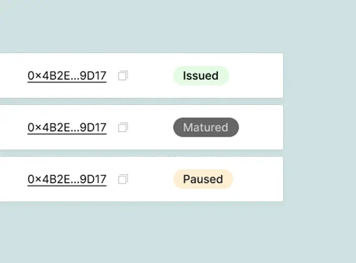 The Asseto platform's asset table with issued, matured and paused instruments