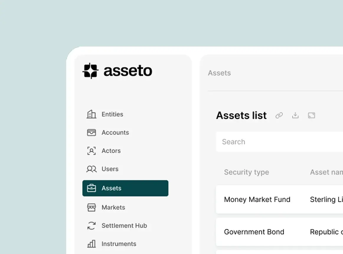 The Asseto platform's assets list, with the security type and name of each asset