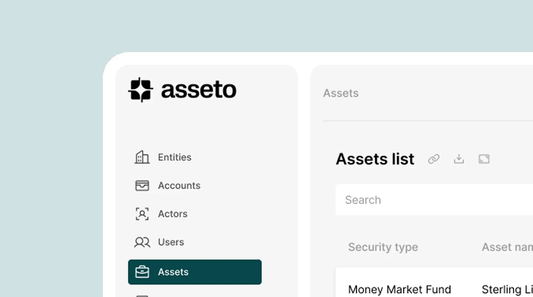 The Asseto platform's assets list, with the security type and name of each asset