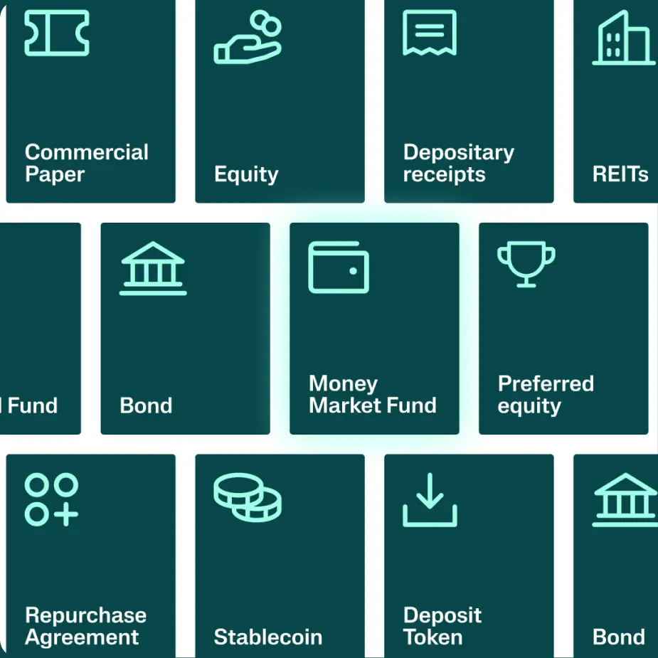 Grid of asset classes: commercial paper, equity, depositary receipts, REITs, bond, money market fund, preferred equity, repurchase agreement, stablecoin and deposit token