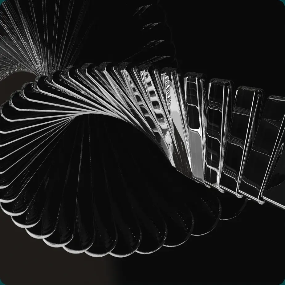 Glass modules arranged in a spiral, rendered in 3D
