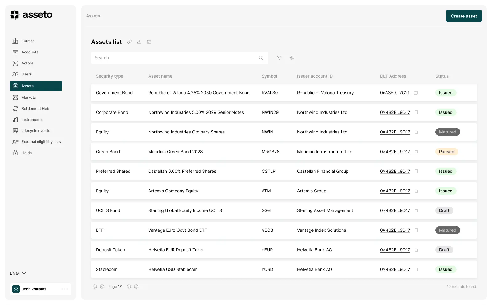 Asseto platform interface showing the assets list