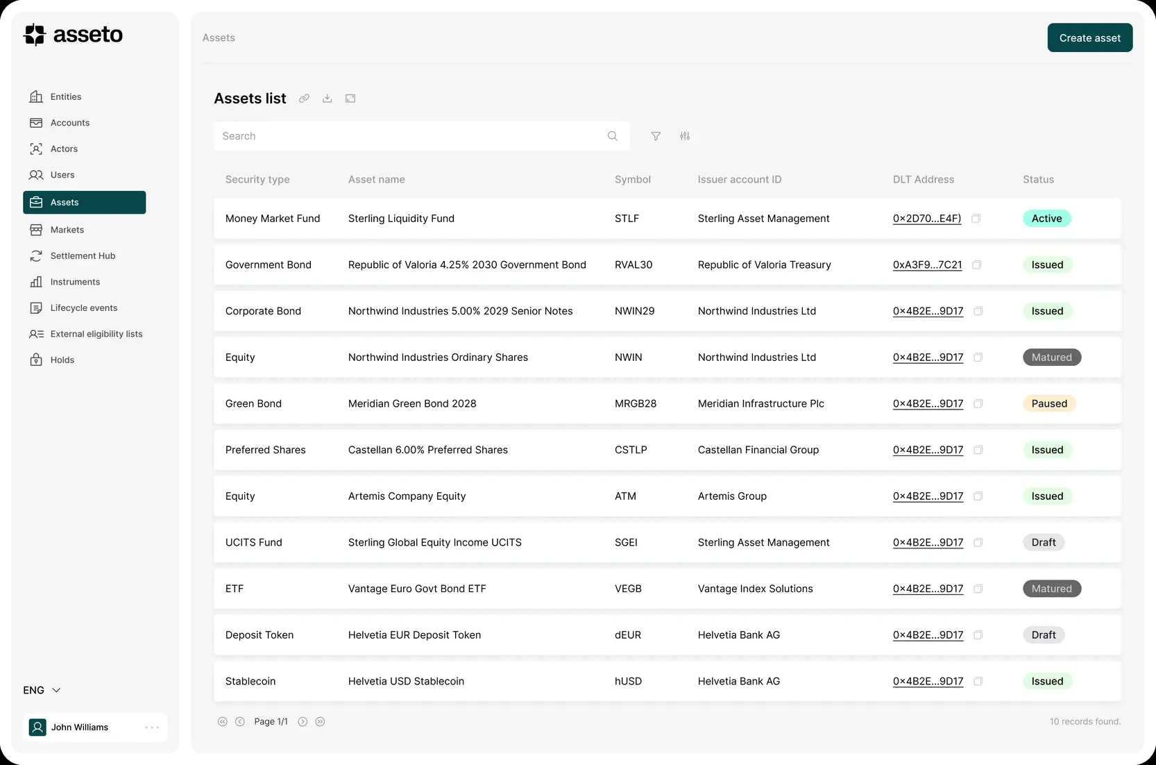 The Asseto platform's assets list, with the security type, issuer and status of each asset